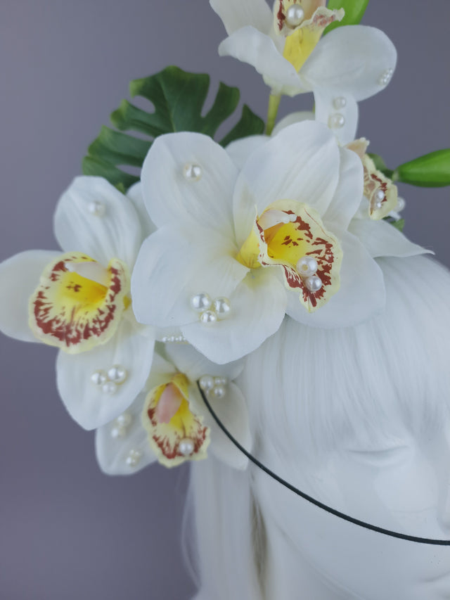 Pearls & Swine: Maximalist Ivory Orchid Floral Headpiece with Toucan