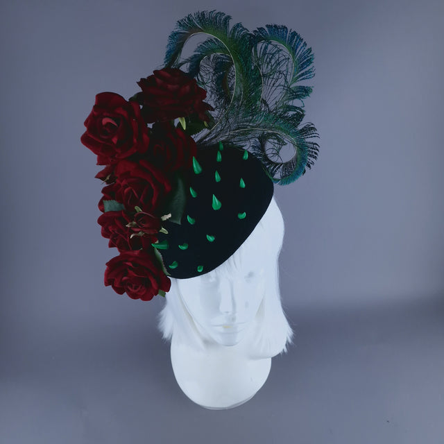 "L'Air Du Temps" Red Rose, Feather & Thorns Fascinator Hat