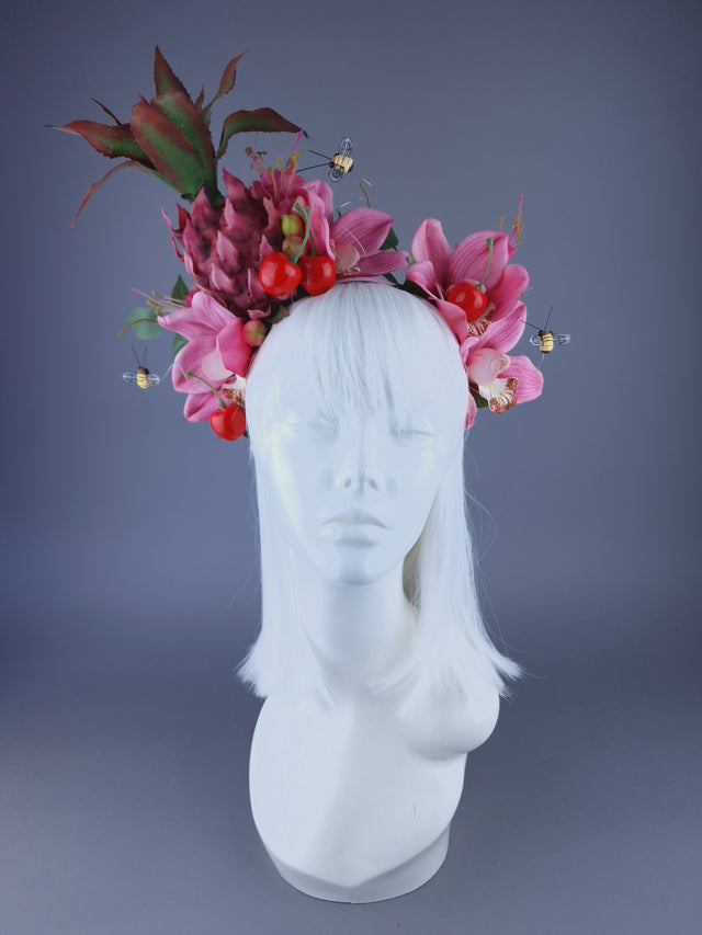 "Alohi" Pink Pineapple, Flower & Bees Headdress