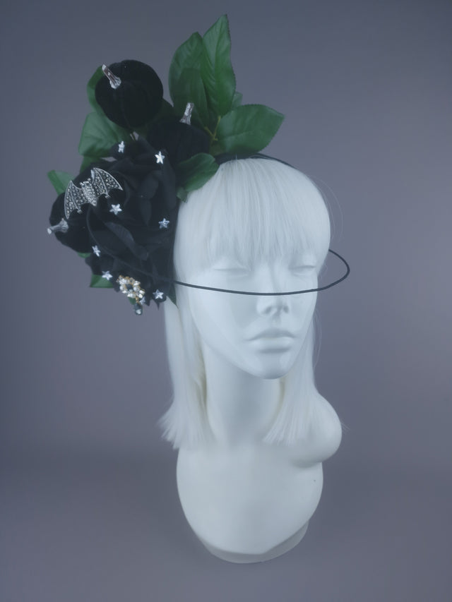 Pearls & Swine: Black Roses & Bat Headband Headpiece "Belfry"