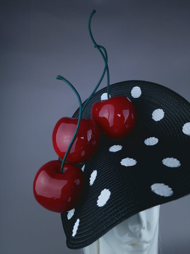 "Dottie" Black & White Polka Dot Giant Cherry Fascinator Hat