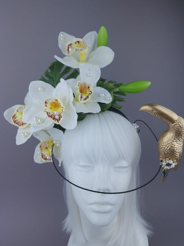 Pearls & Swine: Maximalist Ivory Orchid Floral Headpiece with Toucan