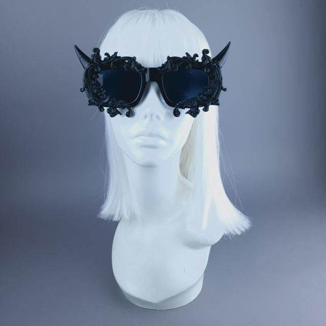 "Superbeast" Unisex Black Filigree Ornate Devil Horn Sunglasses