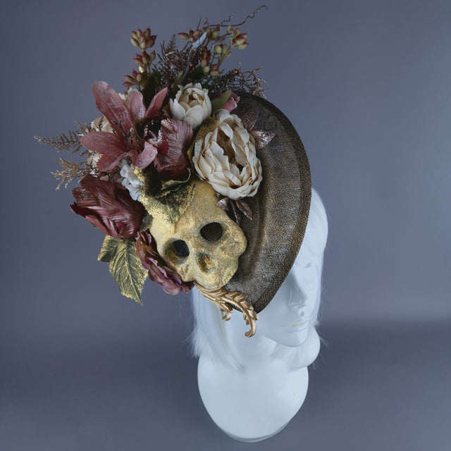 "Asura" Skull & Flower Gold & Brown Fascinator Hat