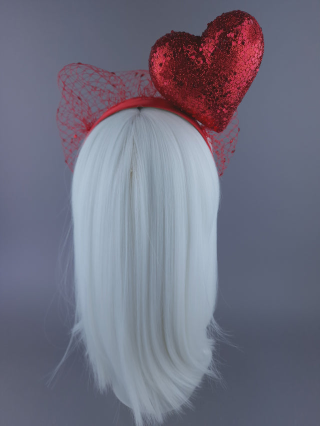 "Diletta" Red Glitter Heart Veil Headdress
