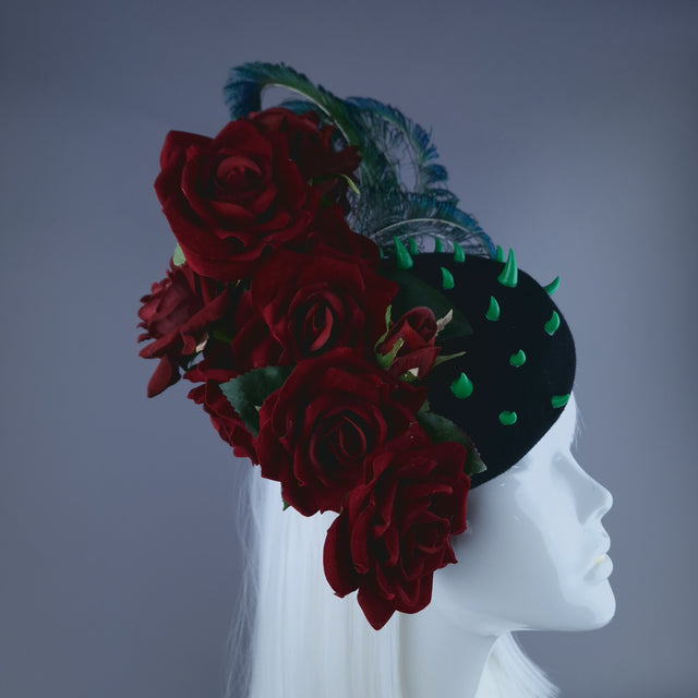 "L'Air Du Temps" Red Rose, Feather & Thorns Fascinator Hat
