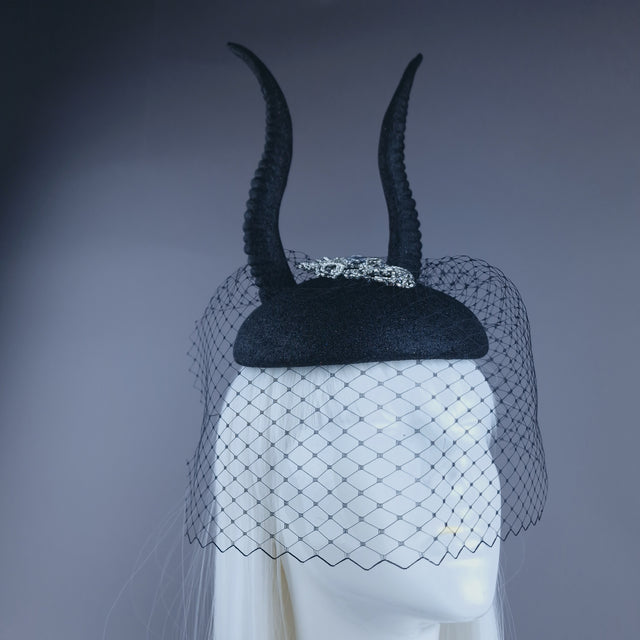 "Cernunnos" Black Glitter Horn & Veil Fascinator Hat