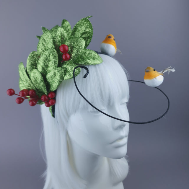 Pearls & Swine: Christmas Headdress with Glittered Leaves, Berries & Robins