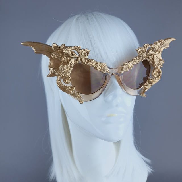 "Bathory" Gold Filigree Ornate Bat Wing & Cherub Sunglasses