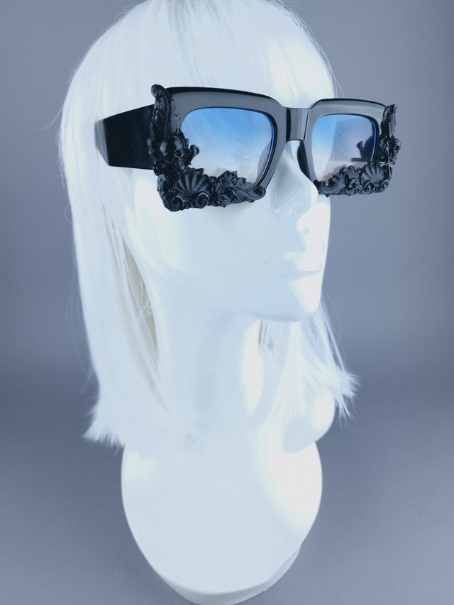 "Poe" Unisex Black Filigree Skull Sunglasses
