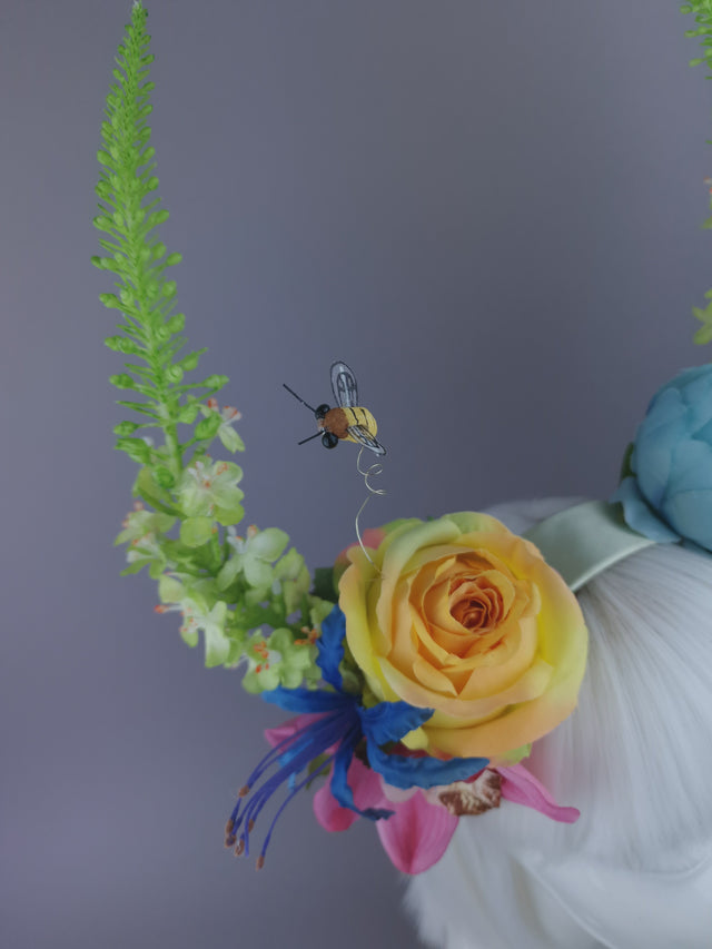 Pearls & Swine: Maximalist Floral Horn Headpiece with Bees "Fae"