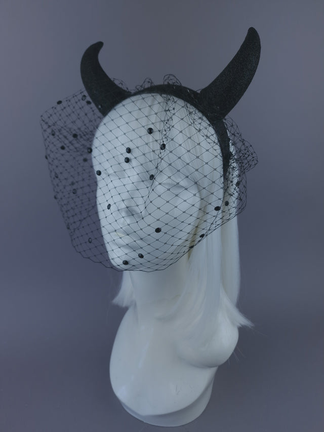 Pearls & Swine: Large Black Glitter Devil Horn Veil Headpiece "Hot Stuff"
