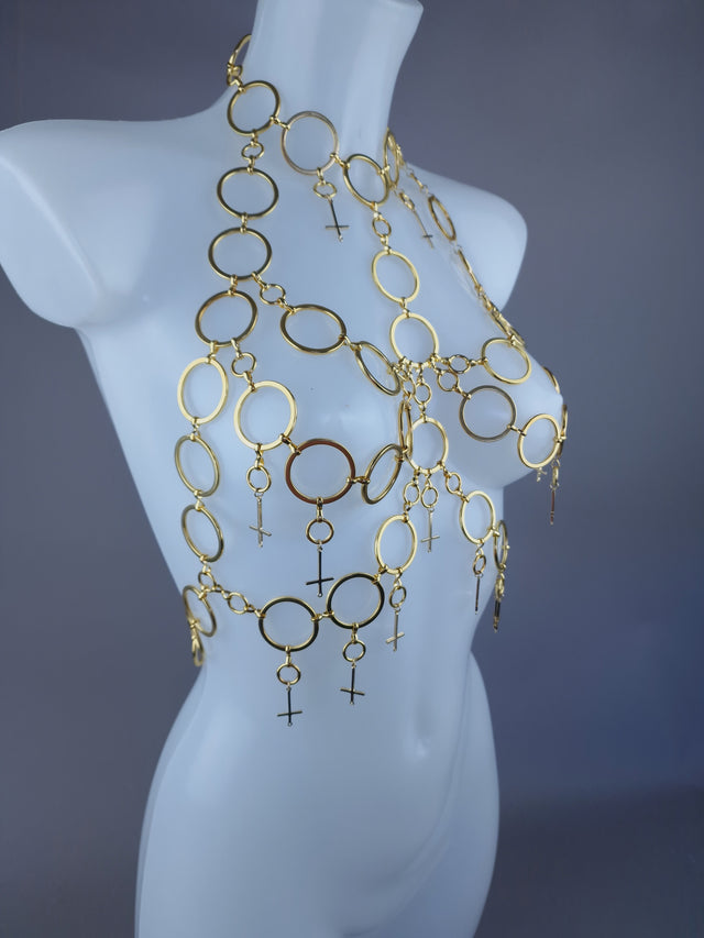 "Fiend" Gold Ring & Upside Down Crosses Jewellery Harness