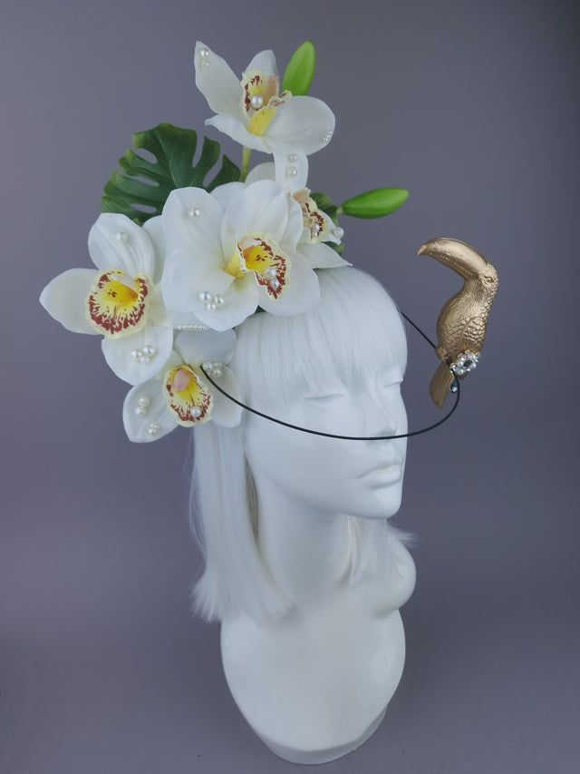 Pearls & Swine: Maximalist Ivory Orchid Floral Headpiece with Toucan