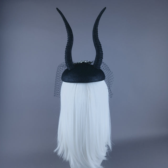 "Cernunnos" Black Glitter Horn & Veil Fascinator Hat