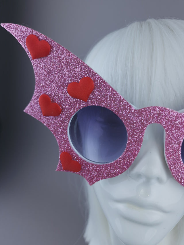 Peaeks & Swine: Pink Glitter & Red Heart Bat Wing Sunglasses "The Night Flier"