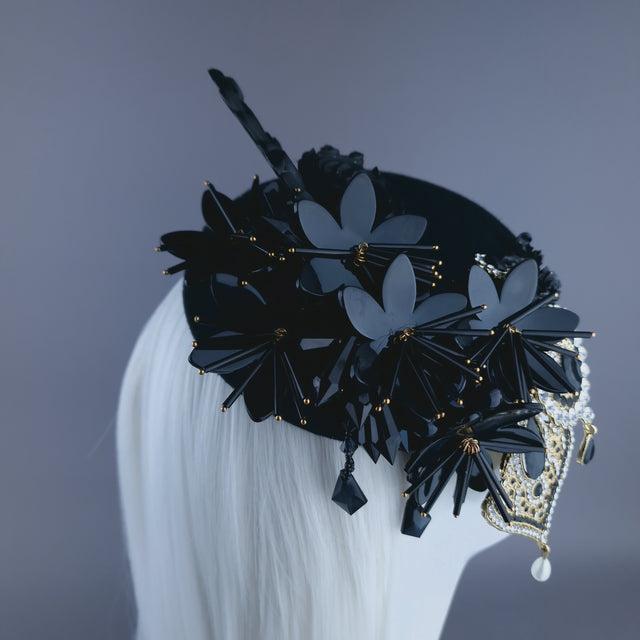 "Noir" Black Flower & Jewel Fascinator Hat