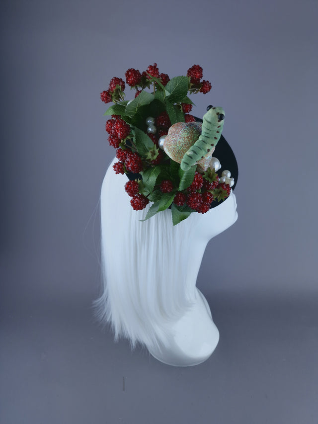 "Joy" Raspberries, Pearls, Mushroom & Caterpillar Fascinator Hat