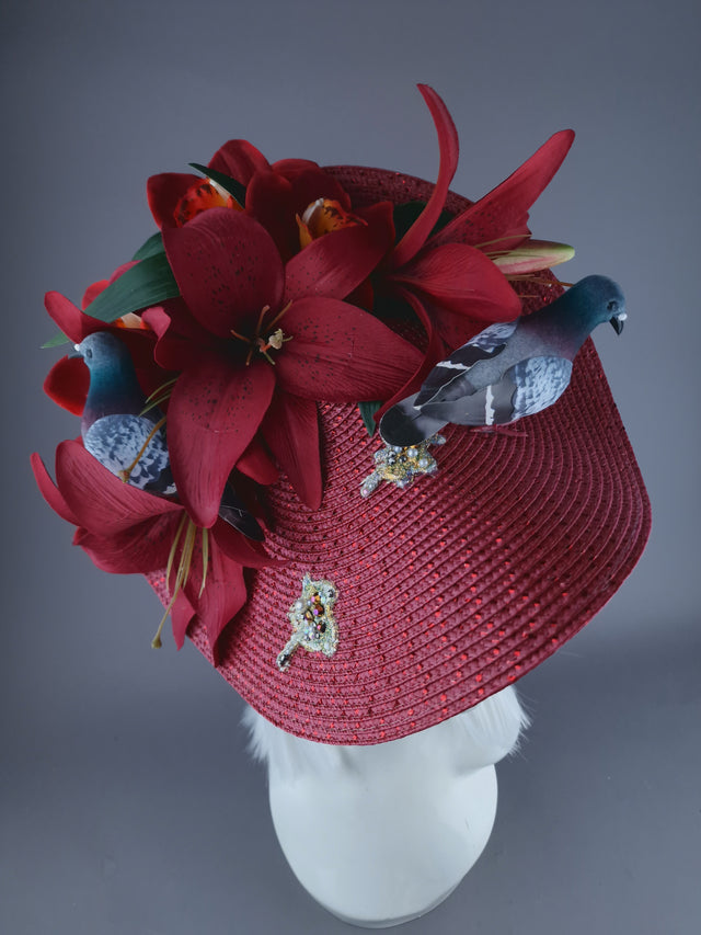 "Curses" Kitsch Glitter Pigeon Poop Red Fascinator Hat