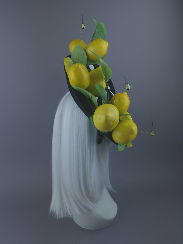 Pearls & Swine: Black & White Polka Dot Hat with Lemons & Bees "Sweet & Sour"