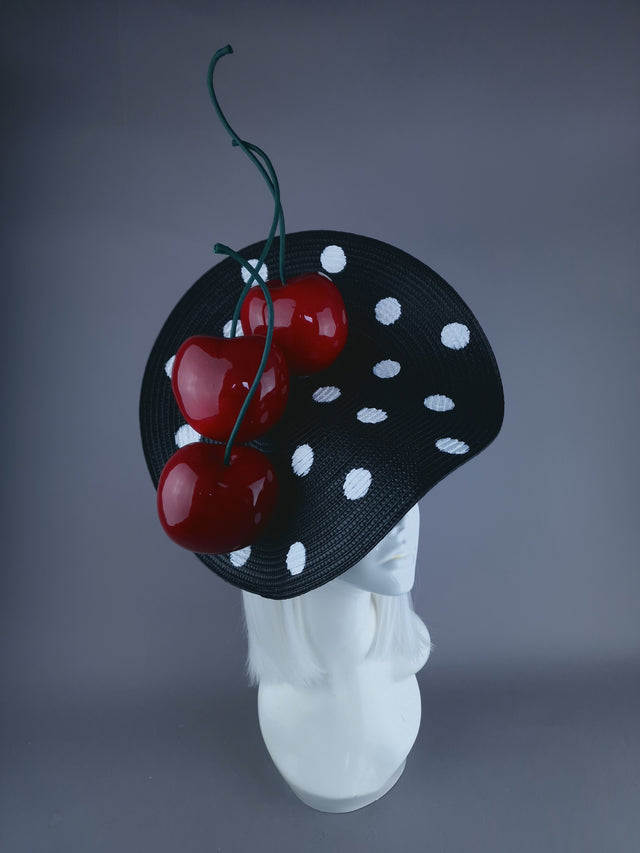 "Dottie" Black & White Polka Dot Giant Cherry Fascinator Hat