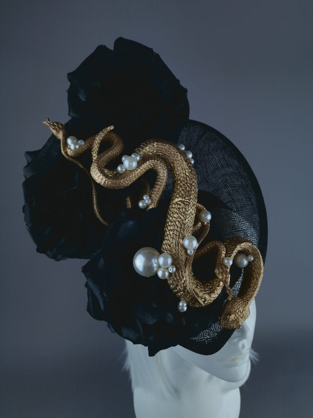 "Serpentt" Black Rose, Gold Snake & Pearl Fascinator Hat