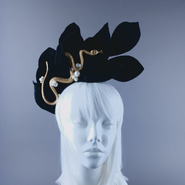 "Edenn" Black Velvet Leaf Gold Snake & Pearl Headdress