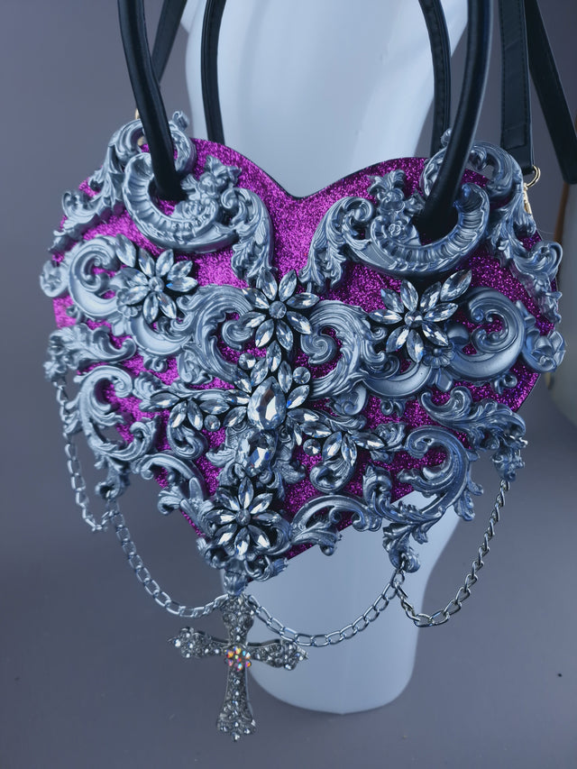 "Beltia" Silver Filigree & Pink Glitter Heart Shaped Handbag