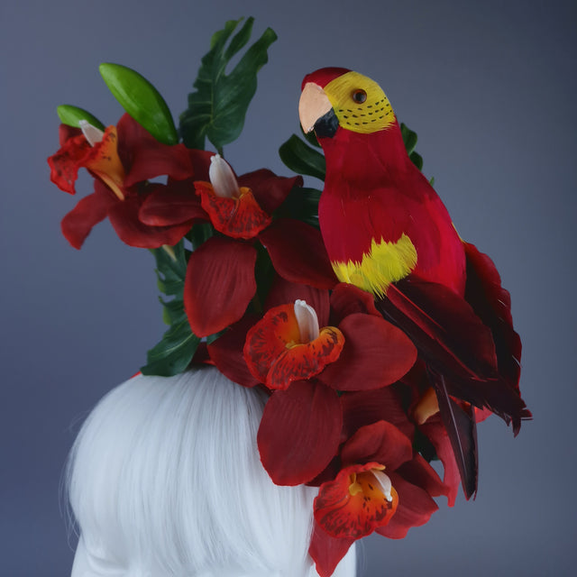 "Firdaus"Tropical Red Orchid, Leaf & Parrot Headdress