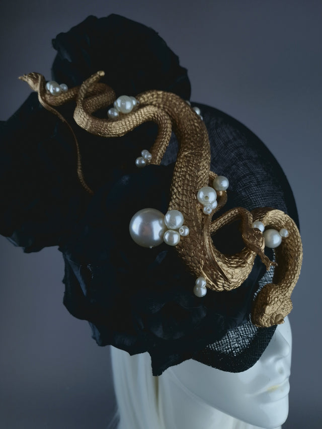 "Serpentt" Black Rose, Gold Snake & Pearl Fascinator Hat