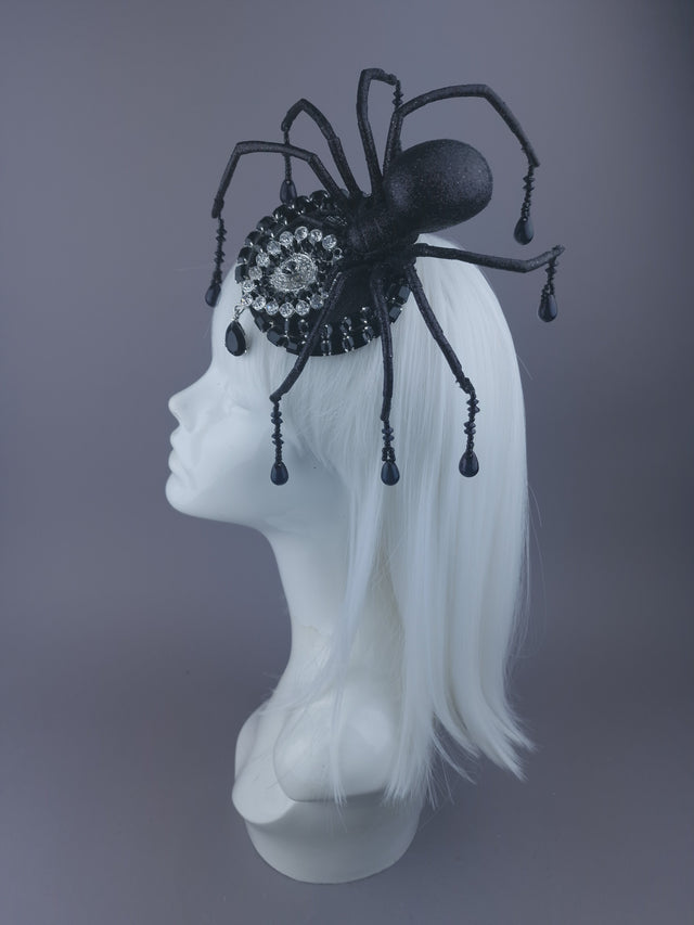 Pearls & Swine: Black Spider & Jewel Mini Fascinator "Toxin"