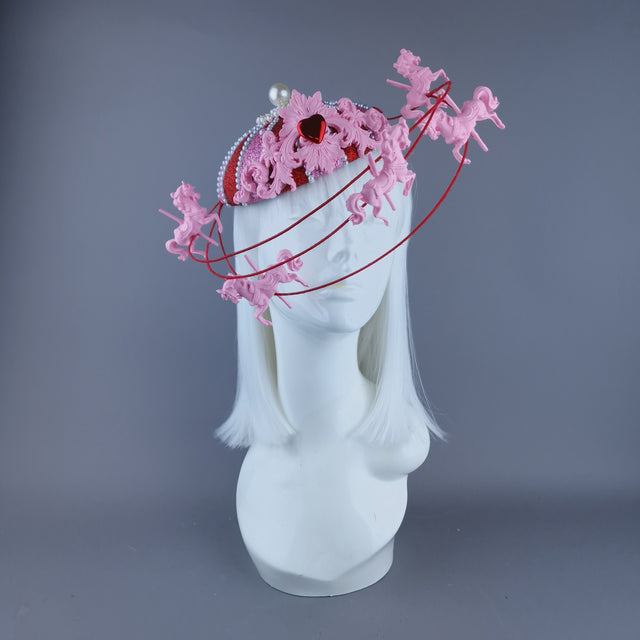 "Cirque Love" Pink, Red & Pearl Circus Carousel Wired Veil Hat