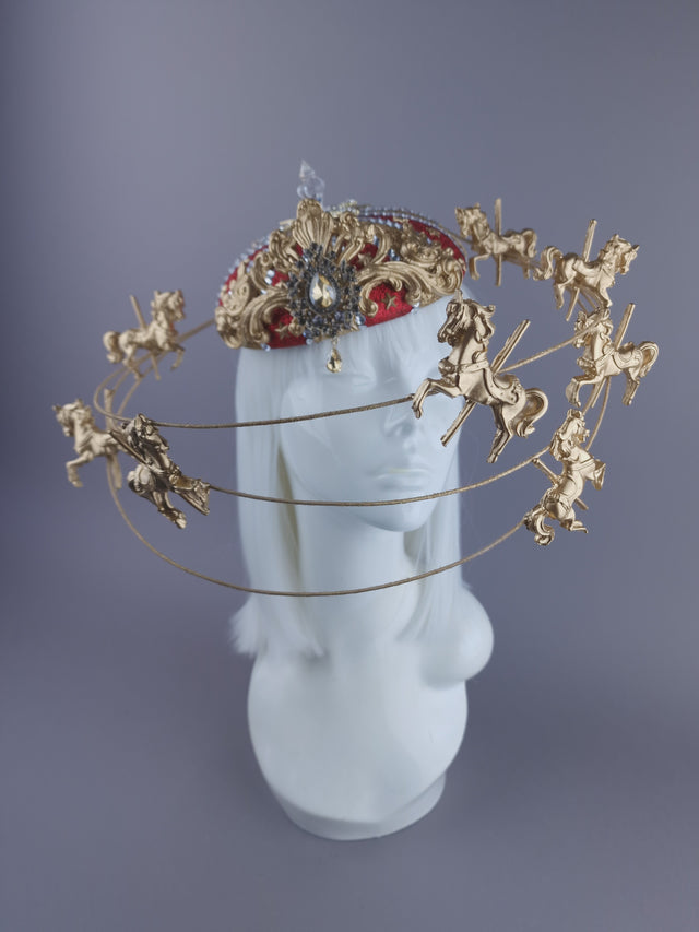 "Cirque Forever" Gold & Red Circus Carousel Wired Veil Hat