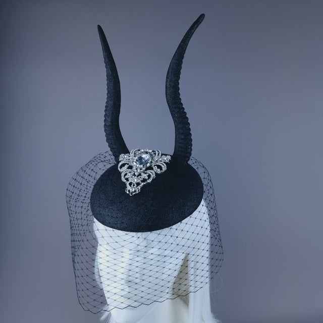 "Cernunnos" Black Glitter Horn & Veil Fascinator Hat