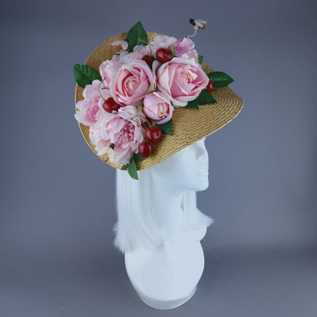 "Daphne" Pink Rose & Cherry Fascinator Hat