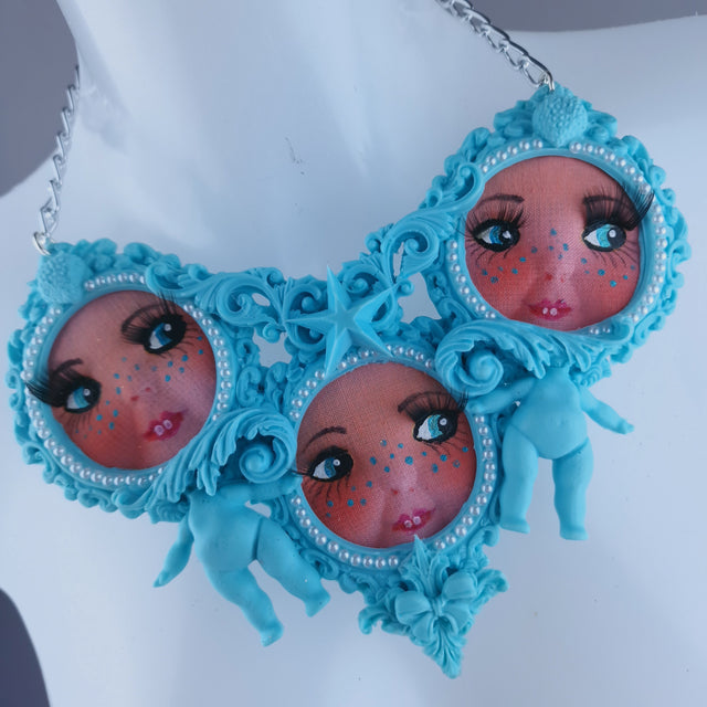"Triple" Pastel Blue Dollface Filigree & Pearl Neckpiece
