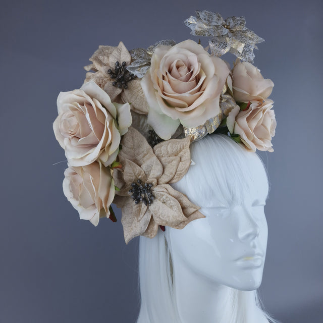 "Bernia" Beige & Gold Rose & Poinsettia Flower Headdress