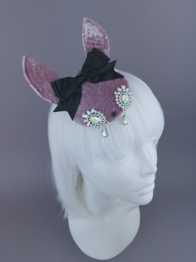 Pearls & Swine: Pink Rabbit Ear Mini Fascinator "Sad Bunny"