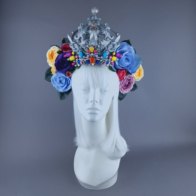"Marie" Colourful Roses, Jewels & Silver Filigree Crown Headdress