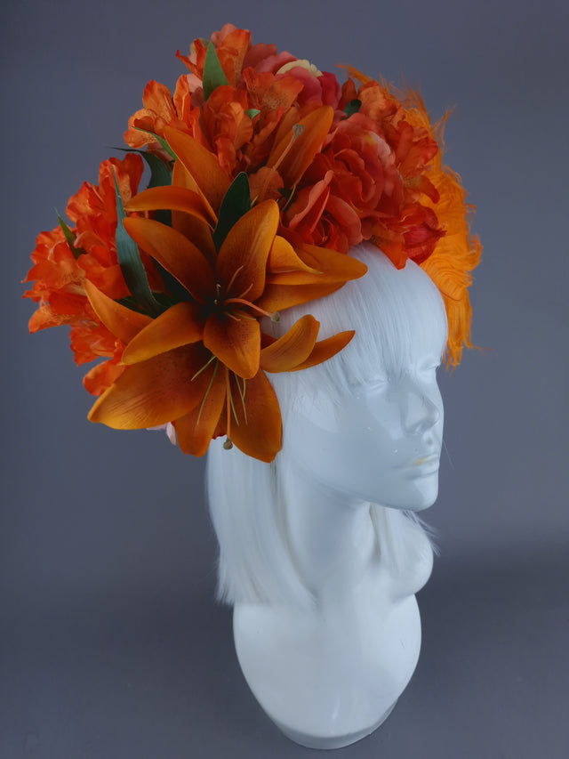 "Rise" Orange Flower & Feather Headdress