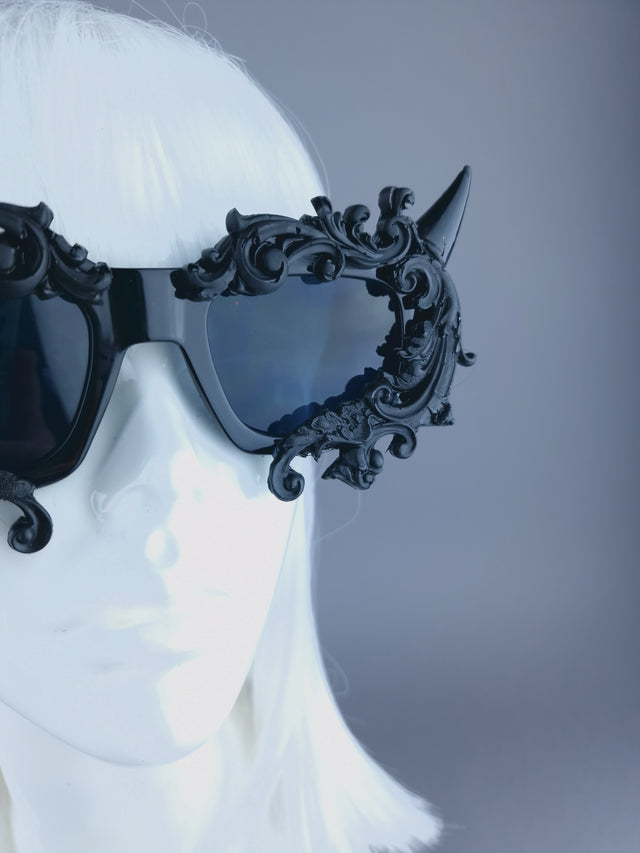 "Superbeast" Unisex Black Filigree Ornate Devil Horn Sunglasses