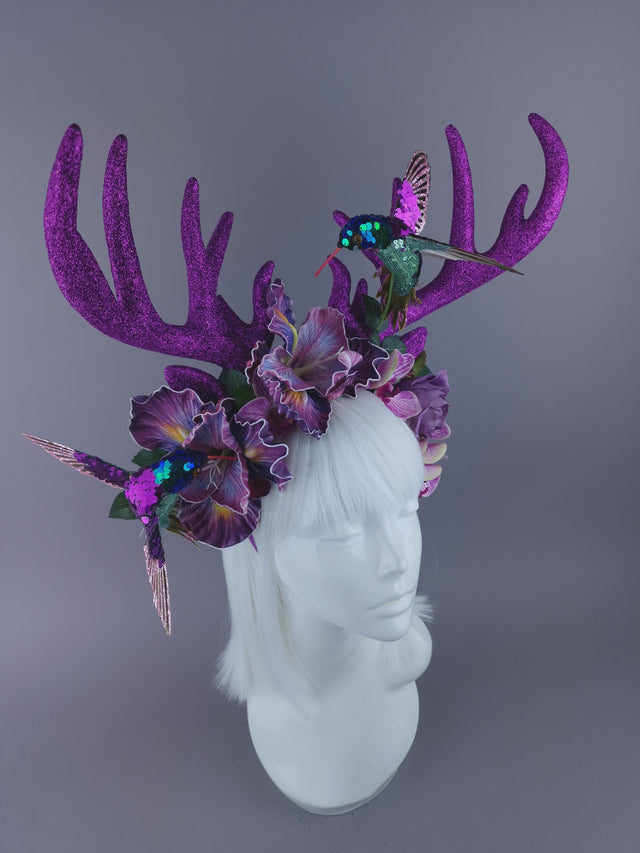 Pearls & Swine: Maximalist Purple/Pink Floral Deet Horn Headdress with Hummingbirds