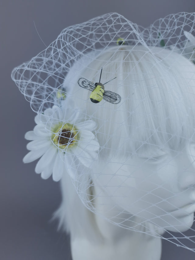 Pearls & Swine Veil Headpiece with White Daisies and Bee detail "Chapel"