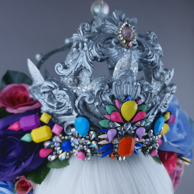 "Marie" Colourful Roses, Jewels & Silver Filigree Crown Headdress