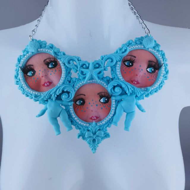 "Triple" Pastel Blue Dollface Filigree & Pearl Neckpiece