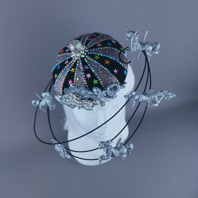 "Cirque Forever" Black, Silver & Colourful Circus Carousel Wired Veil Hat