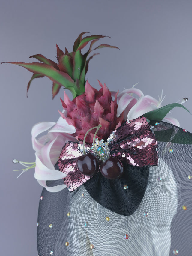 "Tuti" Pink Pineapple Flower Veil Fascinator