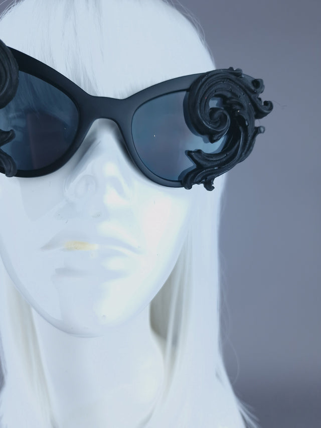 Pearls & Swine: Black Ornate Cat Eye Sunglasses with Filigree "Oriens"