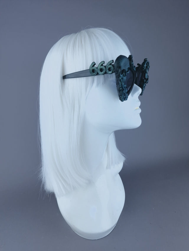 Pearls & Swine: Skull Cat Eye Sunglasses with Teal Filigree "Belial"