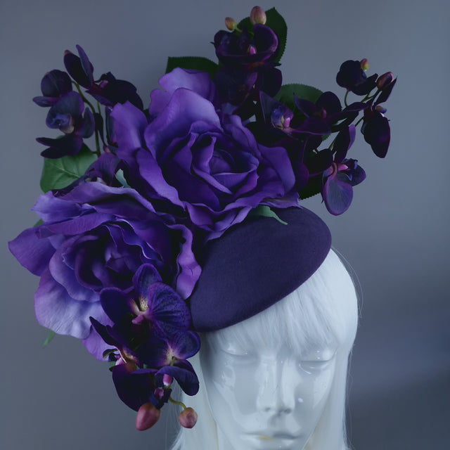"Amoret" Purple Giant Rose & Orchid Fascinator Hat